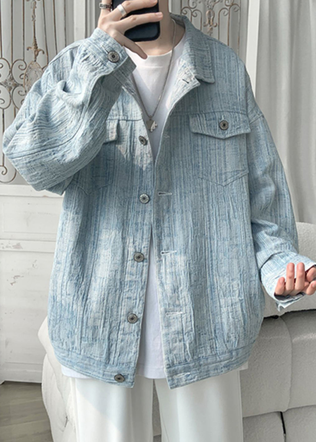 Loose Light Blue Button Pockets Denim Men Coat Fall WA032 MENC241110