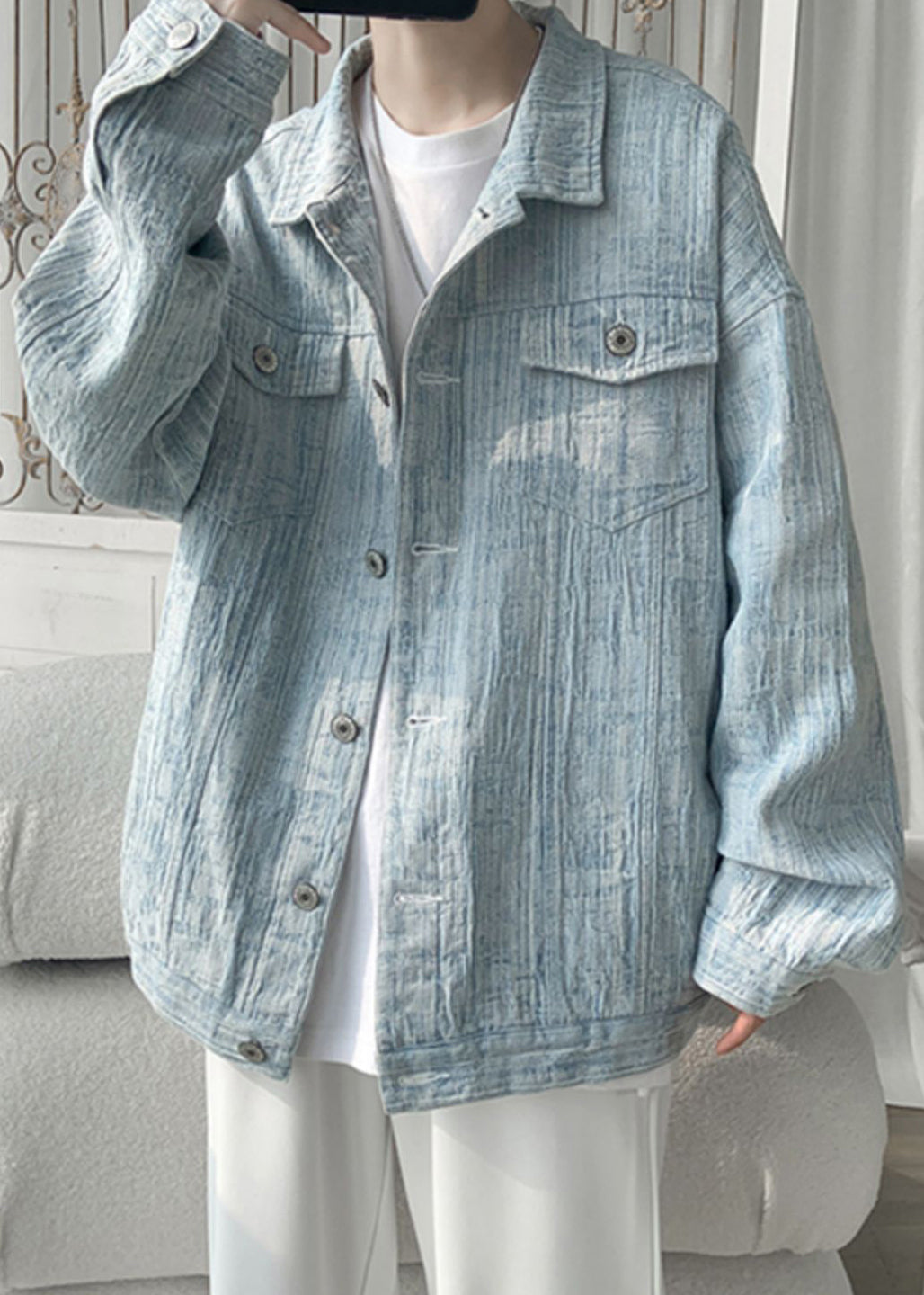 Loose Light Blue Button Pockets Denim Men Coat Fall WA032 MENC241110