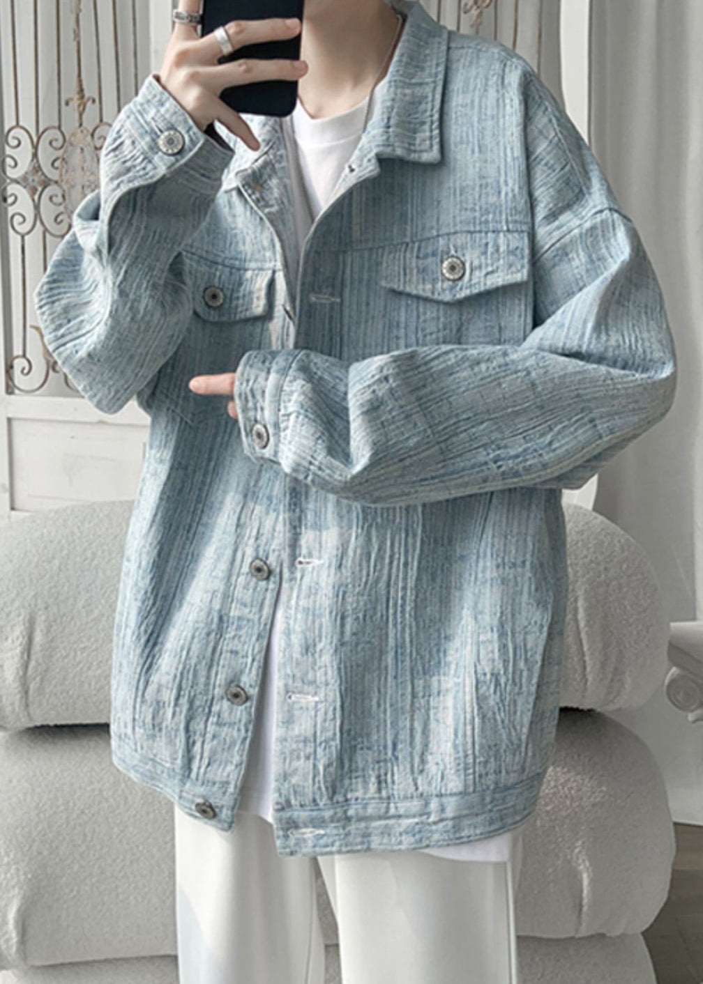 Loose Light Blue Button Pockets Denim Men Coat Fall WA032 MENC241110