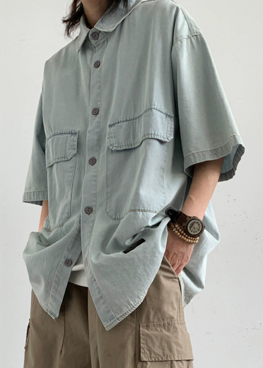 Summer Button Denim Men's Light Shirts Loose Pockets Blue FashionChic
