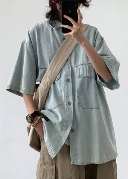 Summer Button Denim Men's Light Shirts Loose Pockets Blue FashionChic