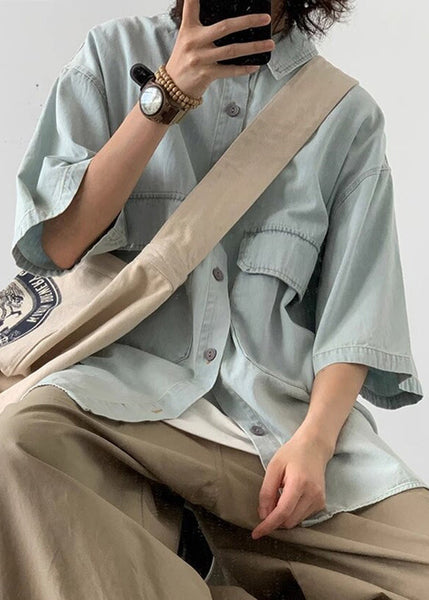 Summer Button Denim Men's Light Shirts Loose Pockets Blue FashionChic