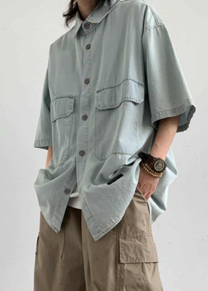 Summer Button Denim Men's Light Shirts Loose Pockets Blue FashionChic