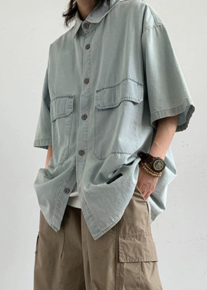 Summer Button Denim Men's Light Shirts Loose Pockets Blue FashionChic