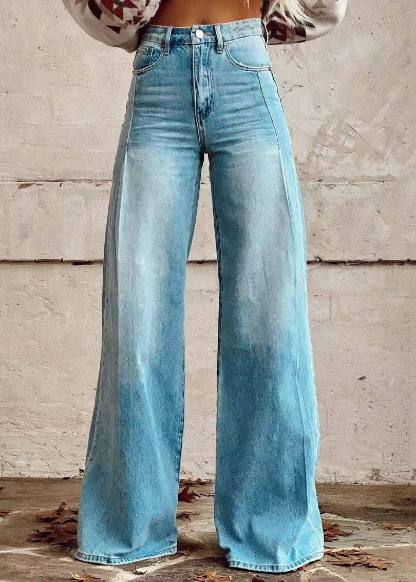 Blue Denim Waist Wide Leg High Loose Pants Light Button Pockets FashionChic