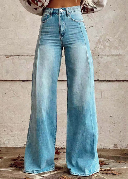 Blue Denim Waist Wide Leg High Loose Pants Light Button Pockets FashionChic