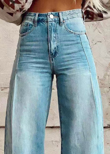 Blue Denim Waist Wide Leg High Loose Pants Light Button Pockets FashionChic
