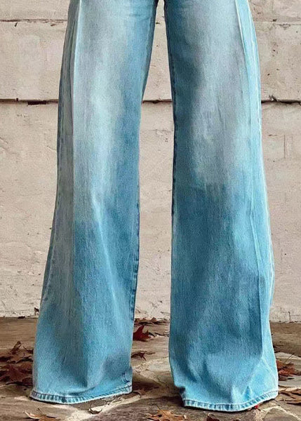 Blue Denim Waist Wide Leg High Loose Pants Light Button Pockets FashionChic