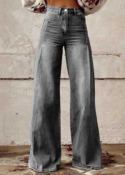 Blue Denim Waist Wide Leg High Loose Pants Light Button Pockets FashionChic