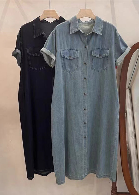 Loose Light Blue Peter Pan Collar Button Denim Shirts Dresses Summer MN085 MMDM-SDM240704