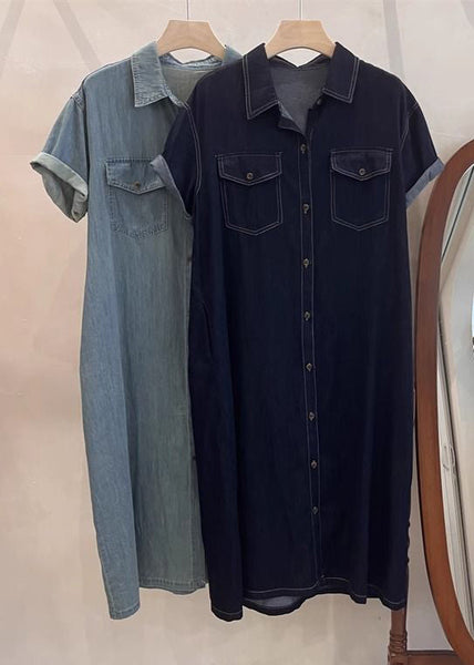 Loose Light Blue Peter Pan Collar Button Denim Shirts Dresses Summer MN085 MMDM-SDM240704
