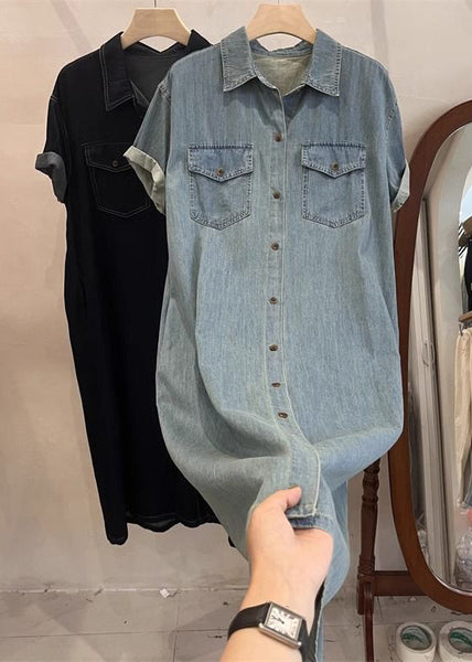 Loose Light Blue Peter Pan Collar Button Denim Shirts Dresses Summer MN085 MMDM-SDM240704