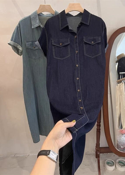 Loose Light Blue Peter Pan Collar Button Denim Shirts Dresses Summer MN085 MMDM-SDM240704