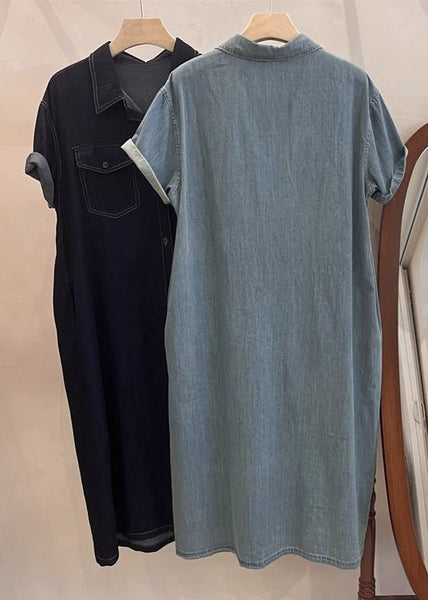 Loose Light Blue Peter Pan Collar Button Denim Shirts Dresses Summer MN085 MMDM-SDM240704