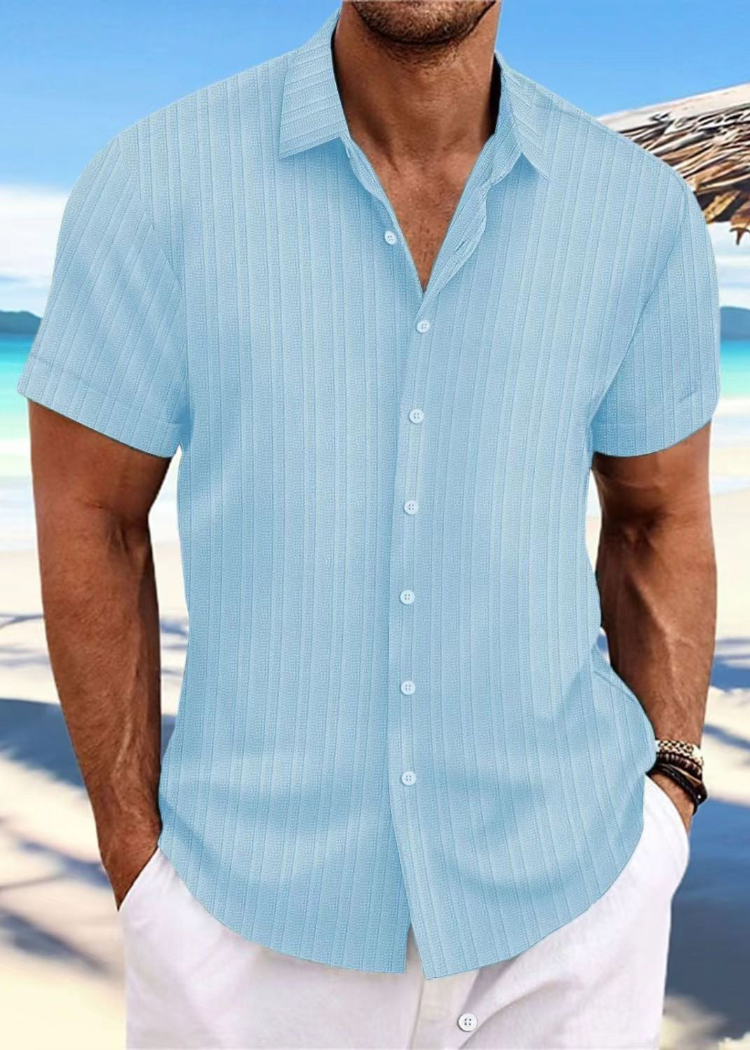 Men Collar Peter Blue Shirt Light Solid Pan Button Cotton Loose FashionChic