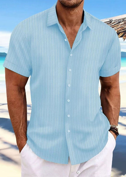 Men Collar Peter Blue Shirt Light Solid Pan Button Cotton Loose FashionChic