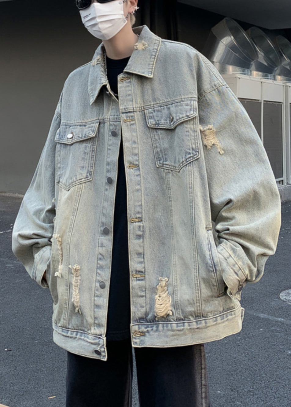 Mens Pan Hole Peter Coats Collar Light Loose Denim Blue Pockets FashionChic