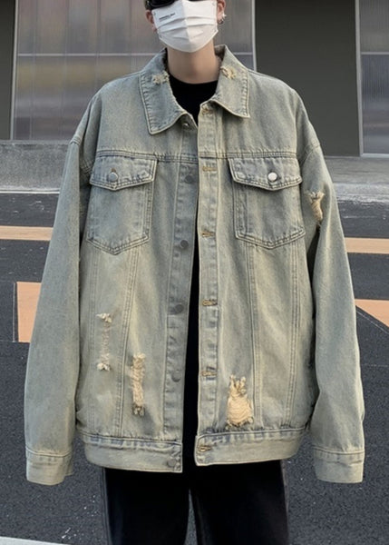 Mens Pan Hole Peter Coats Collar Light Loose Denim Blue Pockets FashionChic