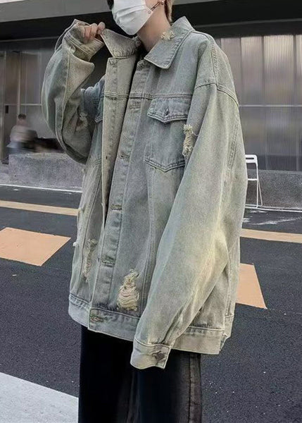 Mens Pan Hole Peter Coats Collar Light Loose Denim Blue Pockets FashionChic