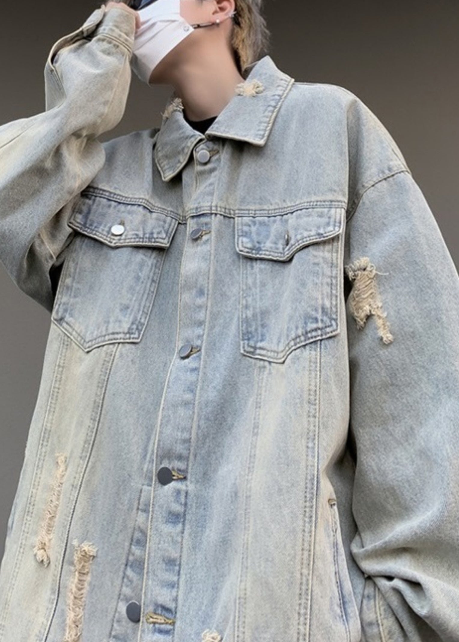 Mens Pan Hole Peter Coats Collar Light Loose Denim Blue Pockets FashionChic