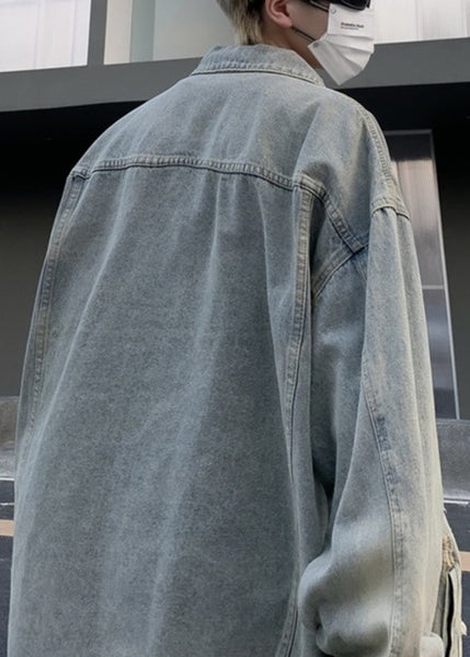 Mens Pan Hole Peter Coats Collar Light Loose Denim Blue Pockets FashionChic