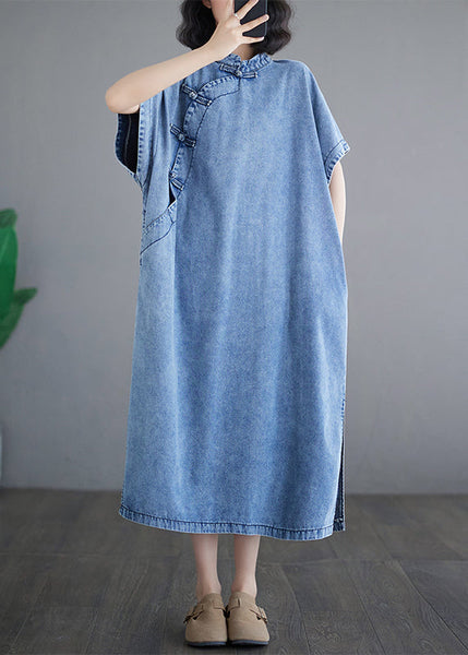 Dresses Denim Sleeve Loose Light Stand Maxi Collar Blue Short FashionChic