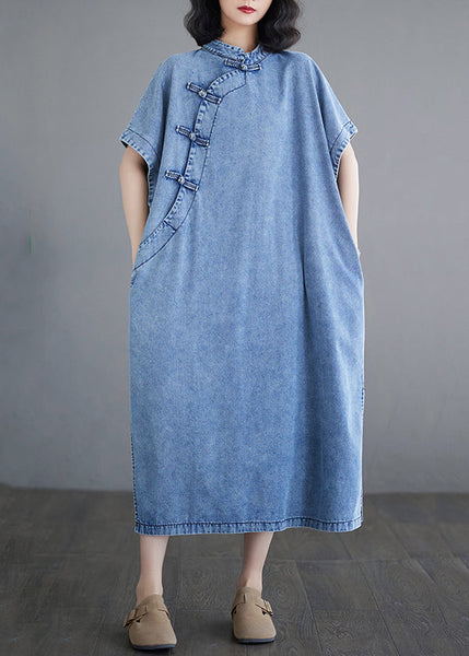 Dresses Denim Sleeve Loose Light Stand Maxi Collar Blue Short FashionChic