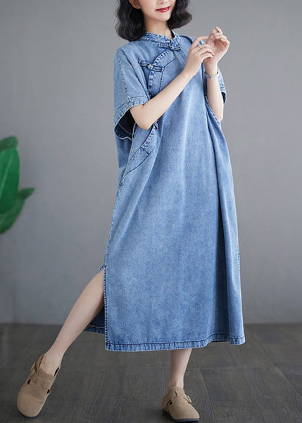Dresses Denim Sleeve Loose Light Stand Maxi Collar Blue Short FashionChic