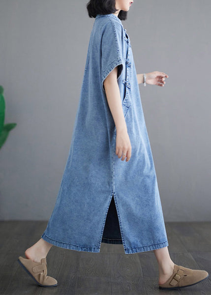Dresses Denim Sleeve Loose Light Stand Maxi Collar Blue Short FashionChic