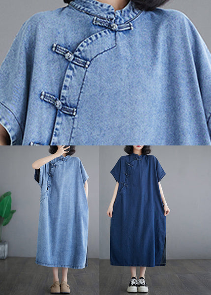 Dresses Denim Sleeve Loose Light Stand Maxi Collar Blue Short FashionChic
