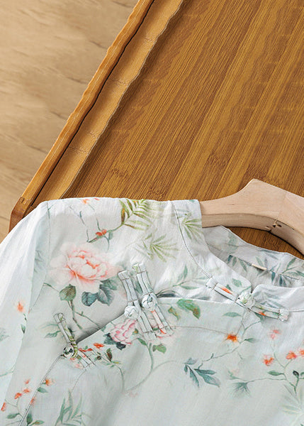 Loose Light Blue Stand Collar Print Linen Shirts Half Sleeve JH057 MMDM-HTP240717