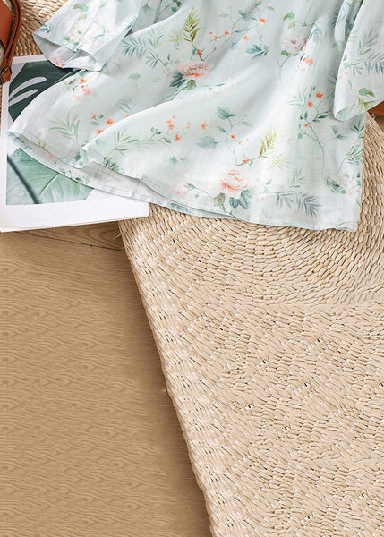 Loose Light Blue Stand Collar Print Linen Shirts Half Sleeve JH057 MMDM-HTP240717