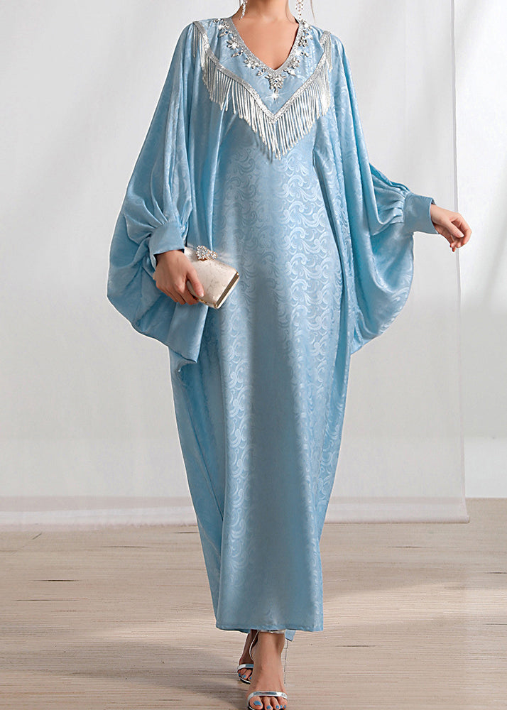 Loose Light Blue Tasseled Zircon Silk Long Dresses Batwing Sleeve AA1056 Ada Fashion