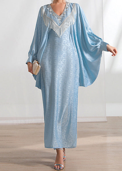 Loose Light Blue Tasseled Zircon Silk Long Dresses Batwing Sleeve AA1056 Ada Fashion