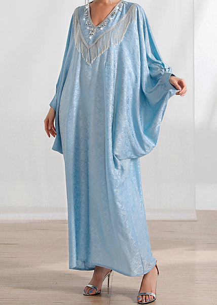 Loose Light Blue Tasseled Zircon Silk Long Dresses Batwing Sleeve AA1056 Ada Fashion