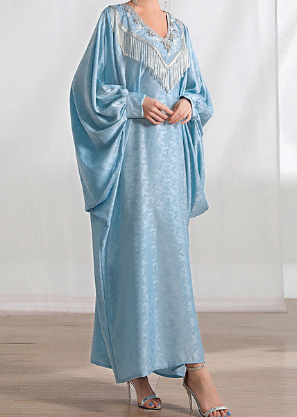 Loose Light Blue Tasseled Zircon Silk Long Dresses Batwing Sleeve AA1056 Ada Fashion