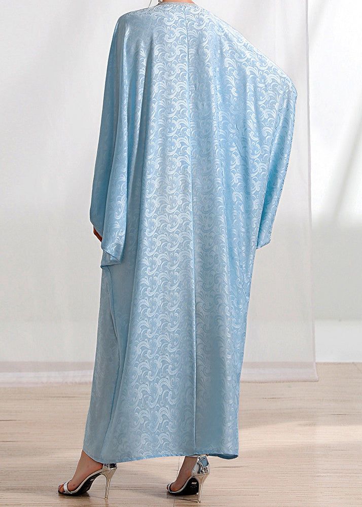 Loose Light Blue Tasseled Zircon Silk Long Dresses Batwing Sleeve AA1056 Ada Fashion