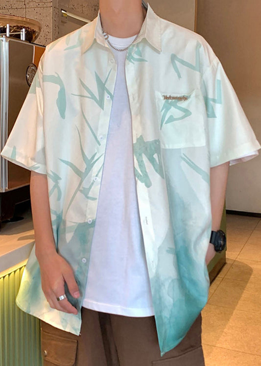 Green Men Button Shirts Gradient Light Print Silk Color Ice Loose FashionChic