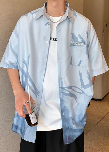 Green Men Button Shirts Gradient Light Print Silk Color Ice Loose FashionChic