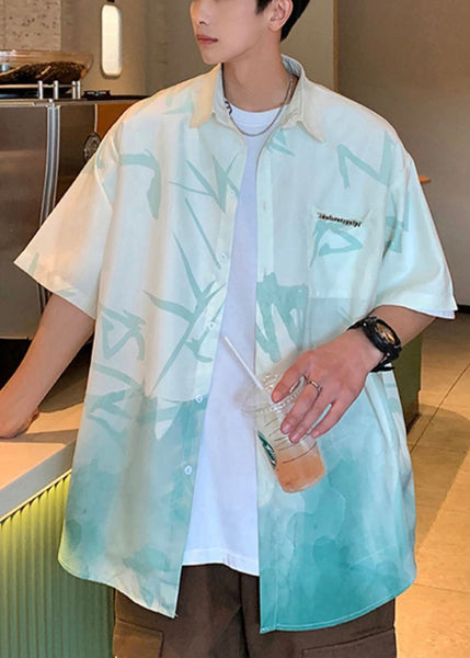 Green Men Button Shirts Gradient Light Print Silk Color Ice Loose FashionChic