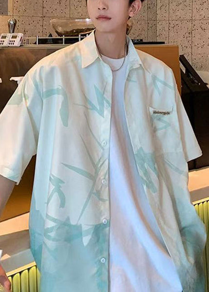 Green Men Button Shirts Gradient Light Print Silk Color Ice Loose FashionChic