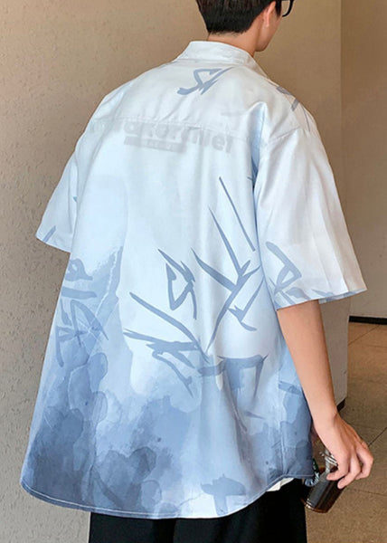 Green Men Button Shirts Gradient Light Print Silk Color Ice Loose FashionChic