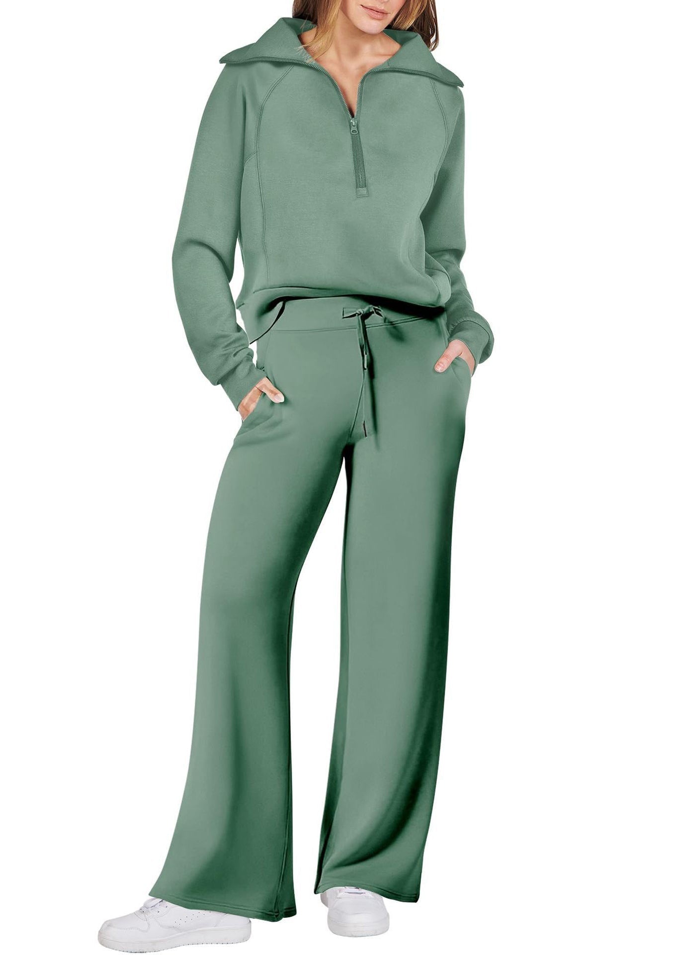 Light Cotton Leg And Zip Tops Loose Wide Two Green Up Solid Pants FashionChic