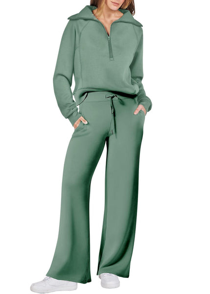 Light Cotton Leg And Zip Tops Loose Wide Two Green Up Solid Pants FashionChic