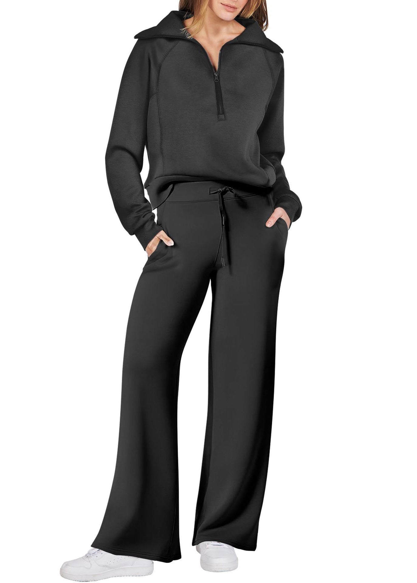Light Cotton Leg And Zip Tops Loose Wide Two Green Up Solid Pants FashionChic