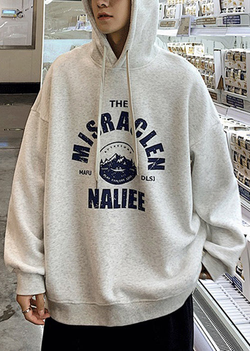 Loose Light Grey Hooded Lace Up Print Warm Fleece Mens Sweatshirts Spring YQ034 ABC