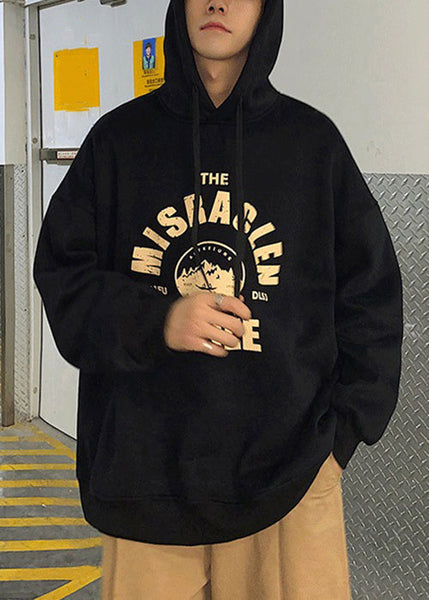 Loose Light Grey Hooded Lace Up Print Warm Fleece Mens Sweatshirts Spring YQ034 ABC