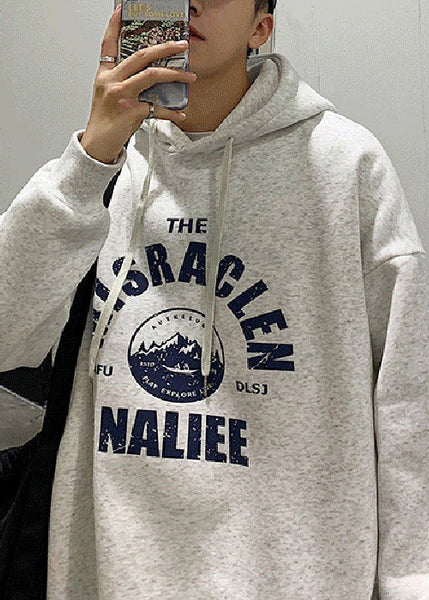 Loose Light Grey Hooded Lace Up Print Warm Fleece Mens Sweatshirts Spring YQ034 ABC