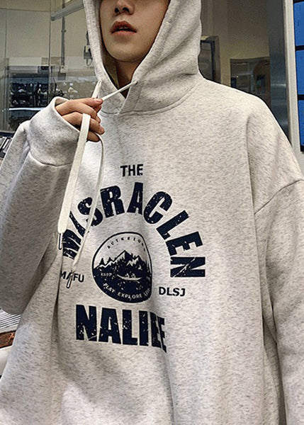 Loose Light Grey Hooded Lace Up Print Warm Fleece Mens Sweatshirts Spring YQ034 ABC