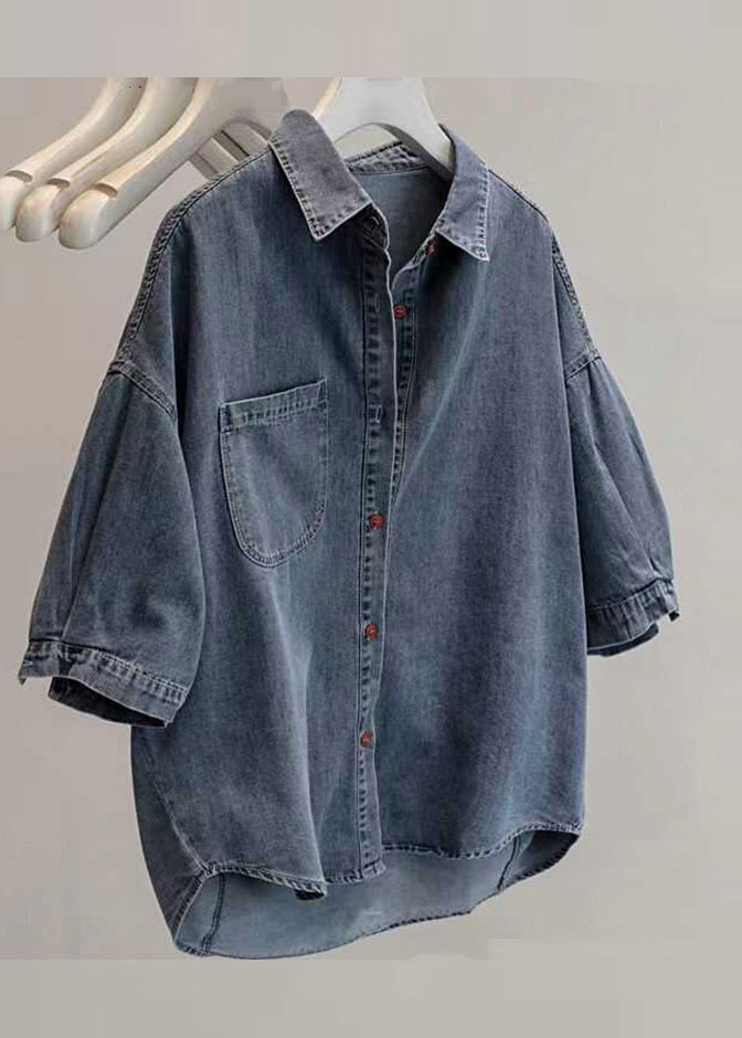 Loose Light Grey Peter Pan Collar Patchwork Low High Design Denim Shirt Summer VB1080 Ada Fashion